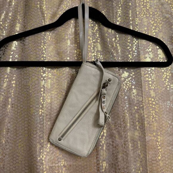 Free People Taupe Leather Canvas Boho Zip Wristlet Wallet Used - Picture 1 of 9